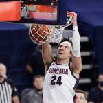 Gonzaga forward Corey Kispert dunks during the second half of a game against BYU on Jan. 7, 2021, in Spokane. (AP Photo/Young Kwak)