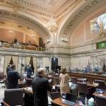 Senate members stand as a ceremonial presentation of colors is done virtually on a video screen above on Monday at the Capitol in Olympia. Washington states Legislature convened Monday under a large security presence because of concerns about efforts by armed groups who might try to disrupt the proceedings or occupy the Capitol, which is closed to the public due to the ongoing pandemic. (AP Photo/Ted S. Warren)