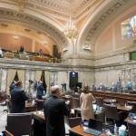 Senate members stand as a ceremonial presentation of colors is done virtually on a video screen above Monday, Jan. 11, 2021, at the Capitol in Olympia, Wash. Washington state's Legislature convened Monday under a large security presence because of concerns about efforts by armed groups who might try to disrupt the proceedings or occupy the Capitol, which is closed to the public due to the ongoing pandemic. (AP Photo/Ted S. Warren)