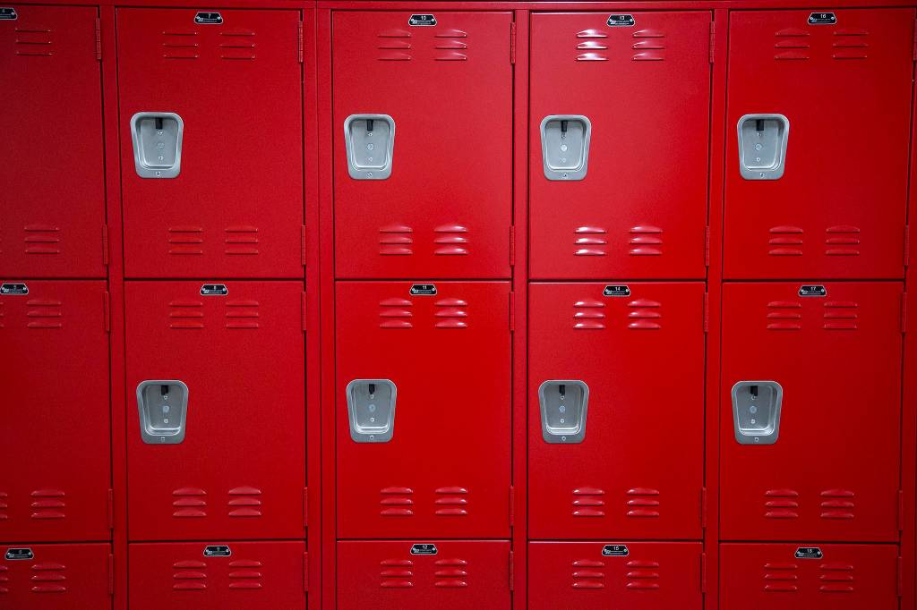 Thirty lockers are available for students in the new Stanwood High School. (Andy Bronson / The Herald)