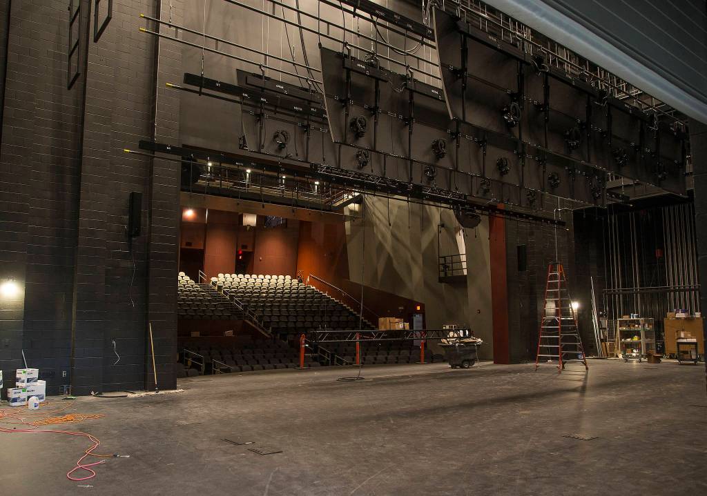 A view from backstage of the new auditorium in Stanwood High School. (Andy Bronson / The Herald)
