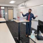 John Restrepo teaches a virtual Spanish class Thursday at the new Stanwood High School. (Andy Bronson / The Herald)