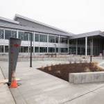 A courtyard leads to the main entrance of Stanwood High School. (Andy Bronson / The Herald)
