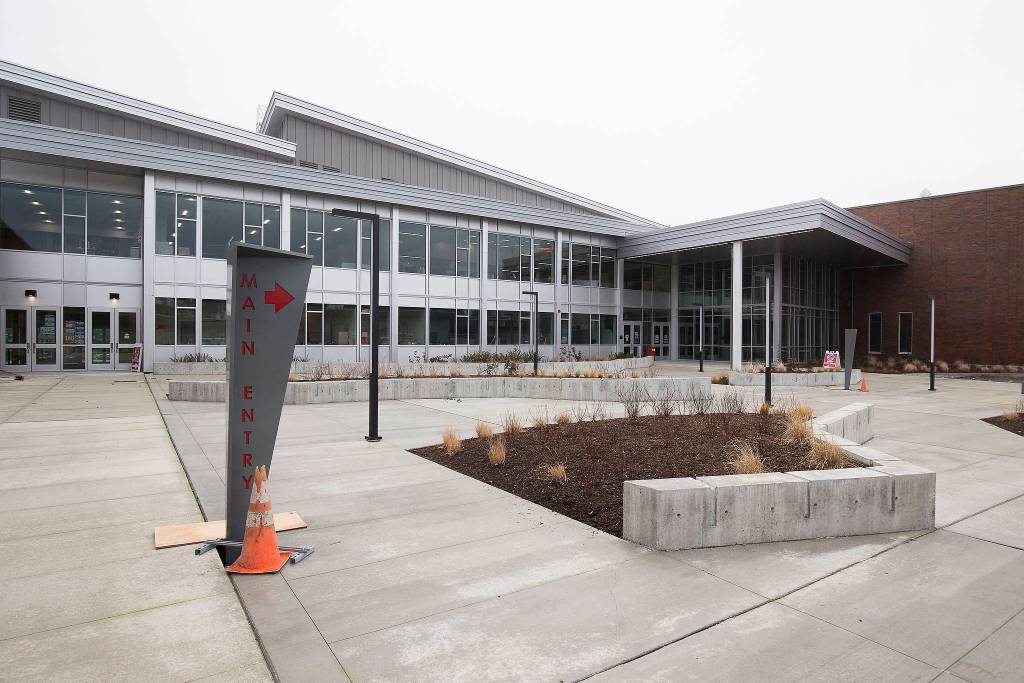 A courtyard leads to the main entrance of Stanwood High School. (Andy Bronson / The Herald)