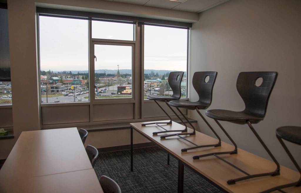 An empty third-floor classroom has vast views of Stanwood. (Andy Bronson / The Herald)