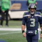 Seahawks quarterback Russell Wilson (3) walks on the field before a wild-card playoff game against the Rams on Jan. 9, 2021, in Seattle. (AP Photo/Ted S. Warren)