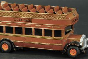 This Yellow Coach bus made by Arcade is 13 inches long and in great condition. It sold for $600 at Bertoia Auctions in 2020. (Cowles Syndicate Inc.)