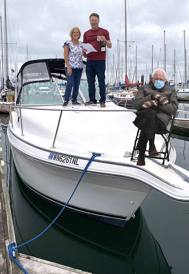 Sharon Graff and Jim Stephanson boating with Bernie at the Port of Everett. (Submitted photo)