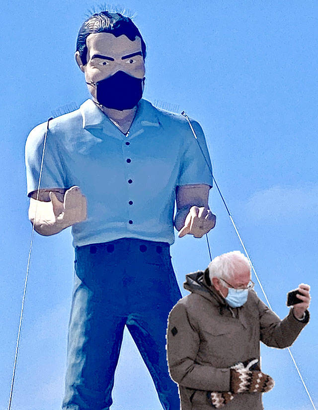 A photo illustration of the 20-foot rooftop muffler man statue on Hewitt Avenue in a meme using an Instagram filter. (Andrea Brown / The Herald)