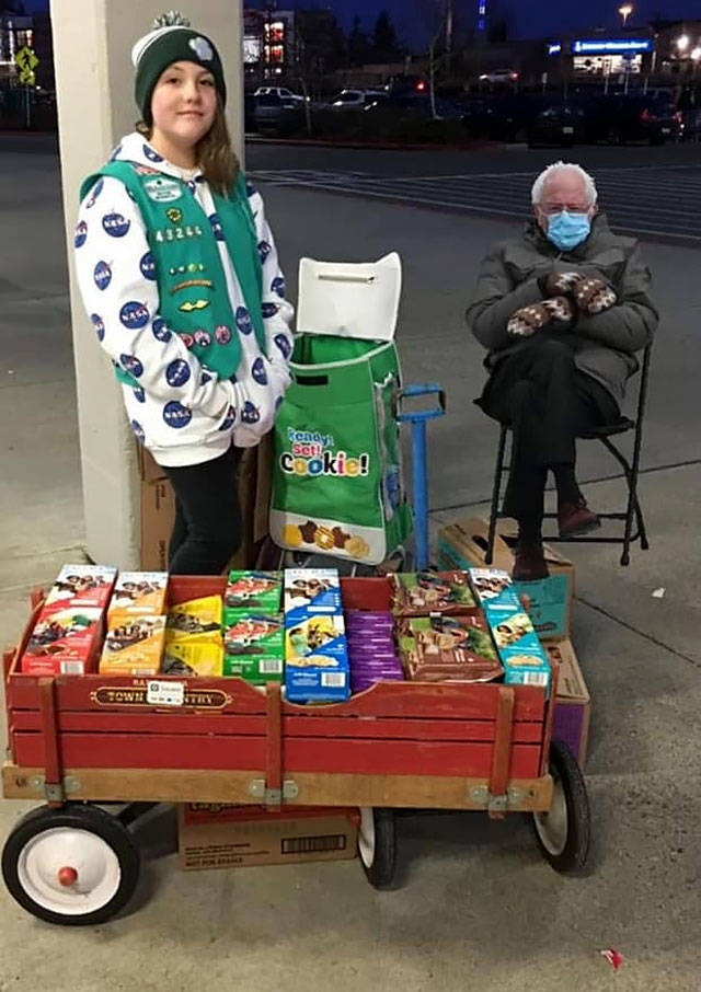 Tanya Dowell used a Snapchat filter to make this Bernie meme of her daughter, Rian Dowell, 12, selling Girl Scout cookies in front of an Everett store in 2020. (Tanya Dowell)