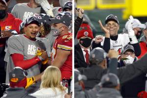 Left, Kansas City Chiefs quarterback Patrick Mahomes celebrates with Kansas City Chiefs tight end Travis Kelce (87) and teammates after the AFC championship NFL football game against the Buffalo Bills on Sunday in Kansas City, Missouri. The Chiefs won 38-24 (AP Photo/Jeff Roberson). Right, Tampa Bay Buccaneers quarterback Tom Brady celebrates with his teammates after winning the NFC championship NFL football game against the Green Bay Packers in Green Bay, Wisconsin on Sunday. The Buccaneers defeated the Packers 31-26 (AP Photo/Jeffrey Phelps).