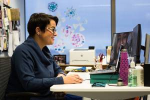 Mayor Cassie Franklin makes her State of Everett address online from her office on Thursday, Jan. 28, 2020 in Everett, Wa. (Olivia Vanni / The Herald)