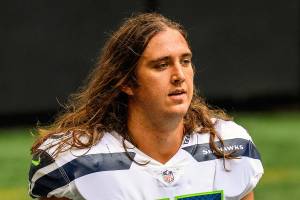 FILE - Seattle Seahawks offensive tackle Chad Wheeler (75) is shown before an NFL football game against the Atlanta Falcons in Atlanta, in this Sunday, Sept. 13, 2020, file photo. The Seattle Seahawks said Wednesday, Jan. 27, 2021, that offensive lineman Chad Wheeler is no longer a member of the team following his arrest last weekend for investigation of domestic violence. (AP Photo/Danny Karnik, File)