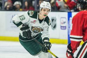 Silvertips' Brendan Lee skates with the puck during the game against the Portland Winterhawks on Sunday, March 1, 2020 in Everett, Wa. (Olivia Vanni / The Herald)