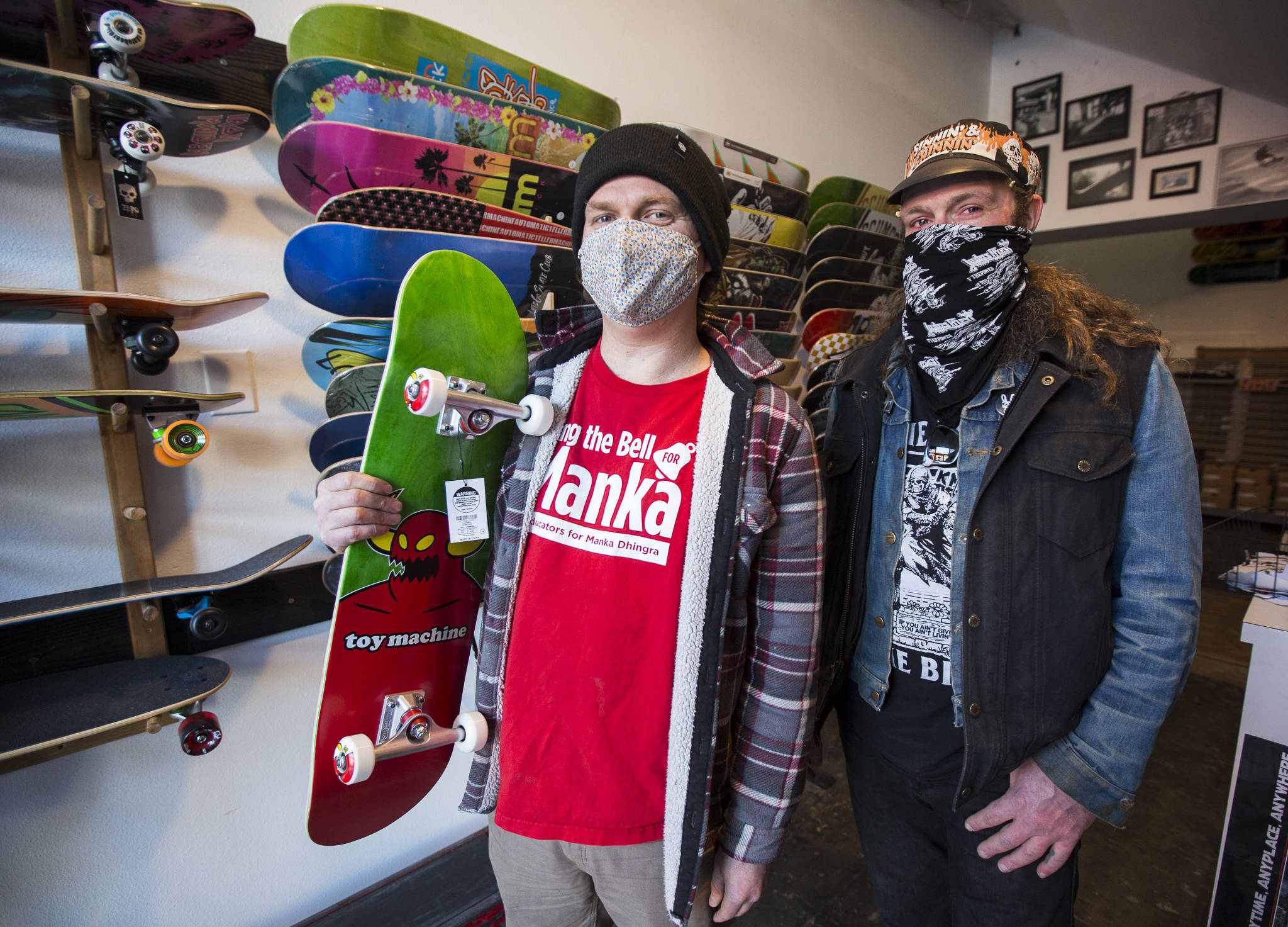 Ben Corey (left) and Ross Jenkins, owners of Pops Skate Shop in Everett. (Olivia Vanni / The Herald)