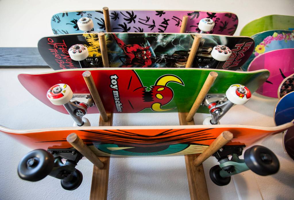 Skateboards on display at Pops Skate Shop in Everett. (Olivia Vanni / The Herald) 
