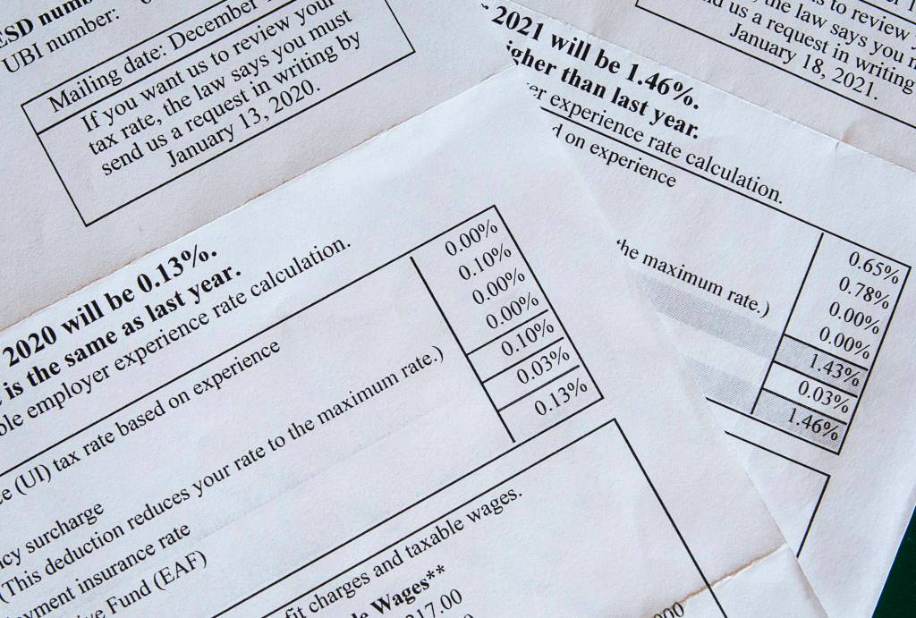 Statements from 2020 and 2021 showing a 1,000% increase in Brian Copples unemployment insurance taxes. (Olivia Vanni / The Herald)