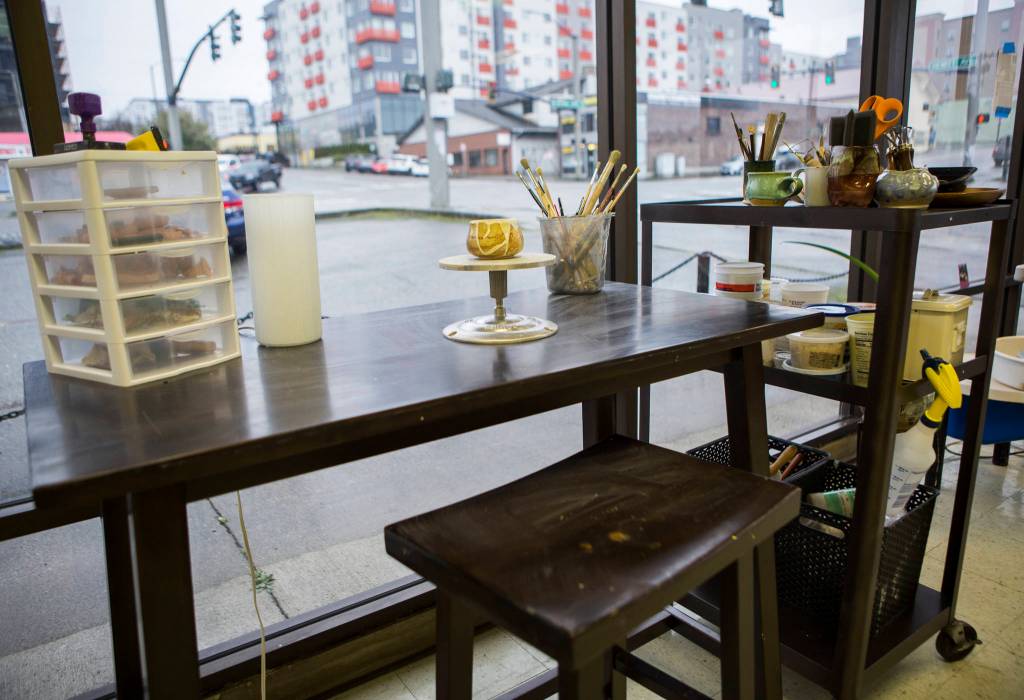 A pottery station at Salish Sea Ceramics in Everett. (Olivia Vanni / The Herald)