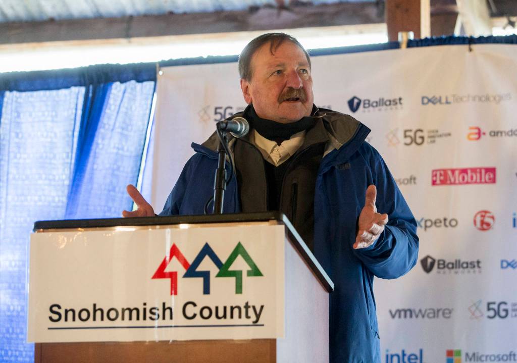 Snohomish County Executive Dave Somers speaks at the 5G Open Innovation Lab news conference at Swans Trail Farms on Tuesday in Snohomish. (Olivia Vanni / The Herald)