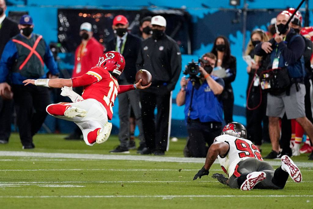 Kansas City Chiefs quarterback Patrick Mahomes passes against the Tampa Bay Buccaneers during the second half of the NFL Super Bowl 55 football game Sunday in Tampa, Florida. (AP Photo/Ashley Landis)