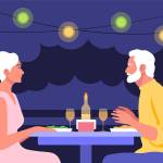 An elderly man and an elderly woman sit at the table in profile. Date and business meeting in a cafe. Summer evening in a restaurant on the street. Vector flat illustration