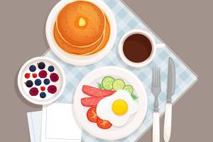 Served breakfast on the table top view. On the plates are scrambled eggs with bacon, muffin, yogurt with berries, coffee, napkins and devices for eating. Vector illustration in cartoon style isolated.