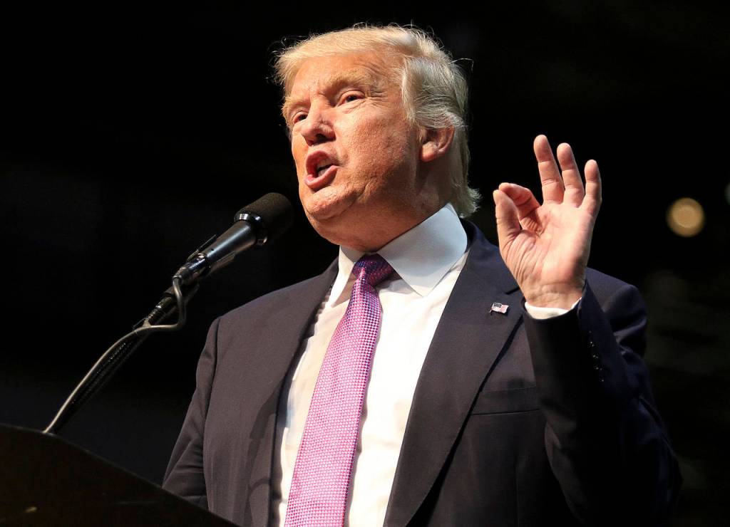 President Trump speaks to supporters during one of his campaign stops at Xfinity Arena in Everett on Aug. 30, 2016. (Andy Bronson / Herald file)