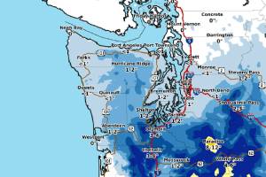 Snow accumulations from Thursday morning through early Friday morning. This does not include totals for the next system arriving Friday night into Saturday. More will be on the way. (National Weather Service Seattle)