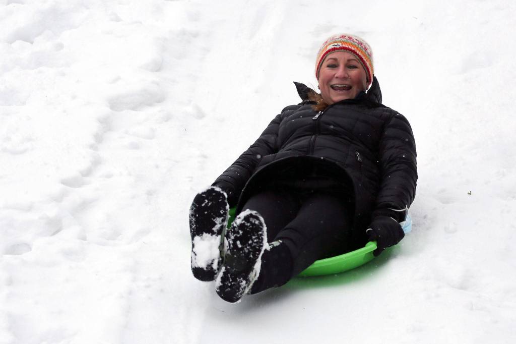 Jody Gasperetti races down a hill at Edmonds City Park Saturday afternoon. (Kevin Clark / The Herald)