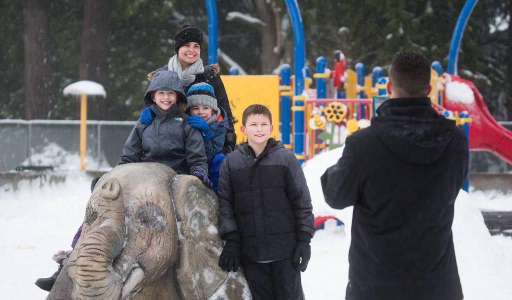 After sledding at Forest Park, John Toro takes a family photo of his wife, Suzette, and kids Juliana, Giovanni and Valentino, as they pose with an elephant statue Monday in Everett. (Andy Bronson / The Herald)