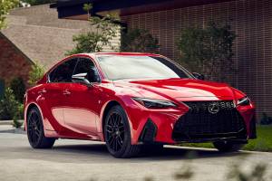 The F Sport package adds bold exterior styling cues and 19-inch dark metallic alloy wheels to the 2021 Lexus IS 350. (Manufacturer photo)