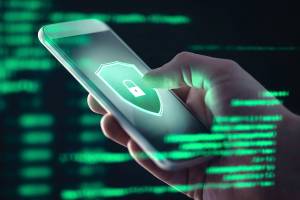 Mobile phone personal data and cyber security threat concept. Cellphone fraud. Smartphone hacked with illegal spyware, ransomware or trojan software. Hacker doing online scam. Antivirus error.