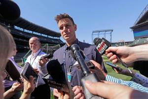 Seattle Mariners general manager Jerry Dipoto talks about the suspension of second baseman Robinson Cano, before the team's baseball game against the Texas Rangers on Tuesday, May 15, 2018, in Seattle. Cano was suspended 80 games for violating baseball's joint drug agreement. (AP Photo/Elaine Thompson)
