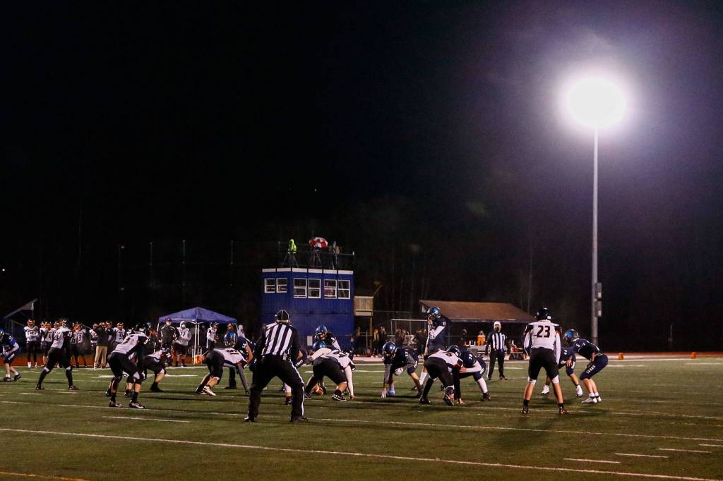 Friday night football in Sultan on February 26, 2021. (Kevin Clark / The Herald)