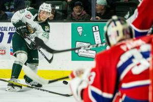 Everett Silvertips' Jake Christiansen takes a shot on goal during the game on Sunday, Jan. 26, 2020 in Everett, Wash. (Olivia Vanni / The Herald)