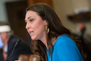Rep. Jaime Herrera Beutler, R-Wash., speaks during a Labor, Health and Human Services, Education, and Related Agencies Appropriations Subcommittee hearing about the COVID-19 response on Capitol Hill in Washington, Thursday, June 4, 2020. (Al Drago/Pool via AP)