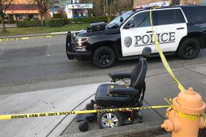 A driver struck a woman in a motorized wheelchair Saturday in Lynnwood. (Lynnwood police)