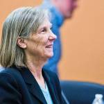 Jean Shumate (left), seen here during a February 2019 school board meeting, will retire June 30 after 20 years at the Stanwood-Camano School District superintendent. (Skagit Valley Herald)