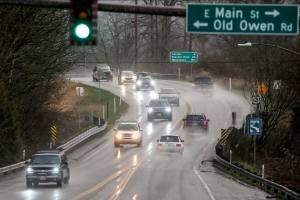 Traffic along Hwy 2 in Monroe of Sunday afternoon on March 7, 2021. (Kevin Clark / The Herald)