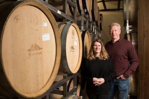 Owners Kim and Larry Harris at Bayernmoor Cellars on Monday, Dec. 21, 2020 in Stanwood, Washington.  (Andy Bronson / The Herald)