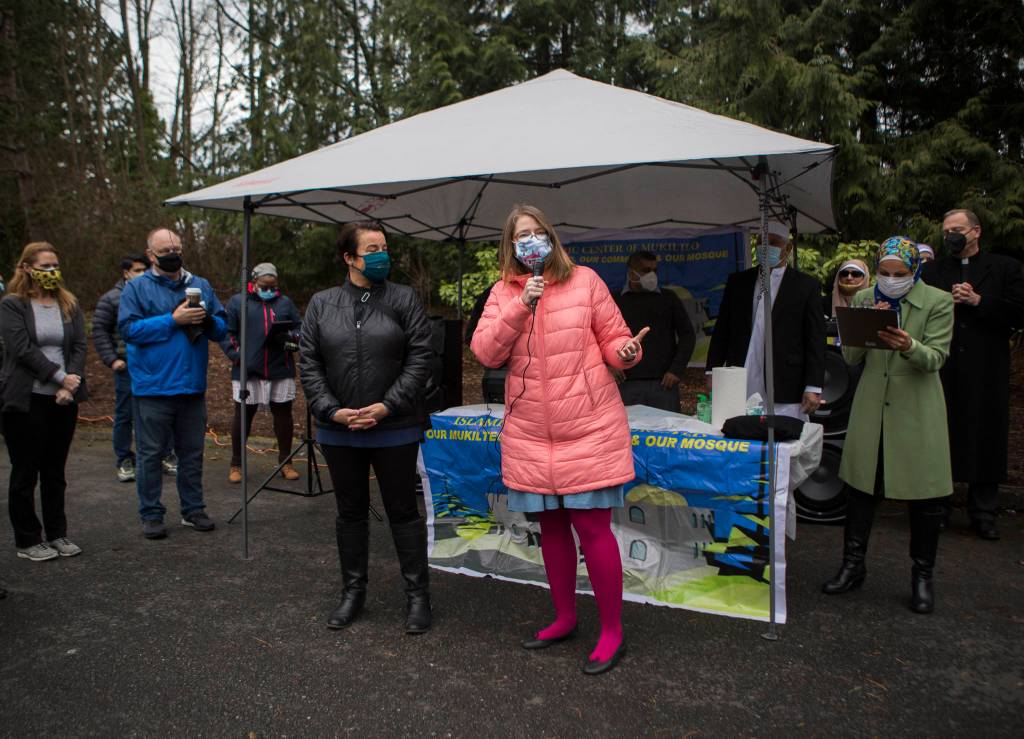 Mukilteo Mayor Jennifer Gregerson (right) and Everett Mayor Cassie Franklin spoke at the groundbreaking for the Islamic Center of Mukilteo on Saturday. (Olivia Vanni / The Herald)