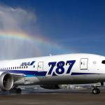 A Boeing 787 operated by All Nippon Airways taxis under a rainbow created by fire trucks at Seattle-Tacoma International Airport, Monday, Oct. 1, 2012, in Seattle, during an official welcome ceremony after it landed on the first day of service for the aircraft on ANA's Seattle-Tokyo route. (AP Photo/Ted S. Warren)