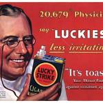 A magazine ad from the 1930s uses an illustration of a physician who recommends Lucky Strike cigarettes as "less irritating."
