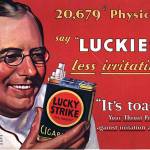 A magazine ad from the 1930s uses an illustration of a physician who recommends Lucky Strike cigarettes as "less irritating."