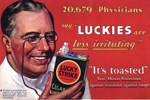 A magazine ad from the 1930s uses an illustration of a physician who recommends Lucky Strike cigarettes as "less irritating."
