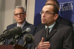 Dr. Chris Spitters, Interim Health Officer, Snohomish Health District, fields questions during the press conference Tuesday afternoon at the Public Helath Laboratories in Shoreline on January 21, 2020. (Kevin Clark / The Herald)
