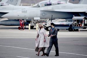First lady Jill Biden (left) at Naval Air Station Whidbey Island on Tuesday. (Emily Gilbert / Whidbey News-Times) 20210309