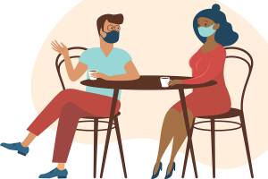 Cute couple wearing protective medical masks sitting at table, drinking tea or coffee and talking. New cafe visiting regulations during coronavirus COVID-19 outbreak. Quarantine and social distancing concept.  Flat cartoon vector illustration.