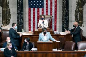 Speaker of the House Nancy Pelosi, D-Calif., announces the House has approved a landmark $1.9 trillion COVID-19 relief bill, at the Capitol in Washington, Wednesday, March 10, 2021. (AP Photo/J. Scott Applewhite)
