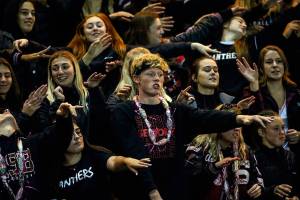 Snohomish fans cheer Friday evening at Veterans Memorial Stadium in Snohomish on October 25, 2019. (Kevin Clark / The Herald)